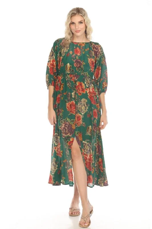 Johnny Was Green Verronah Floral Silk Maxi Dress C36424AO Casual Maxi Dress with Pockets