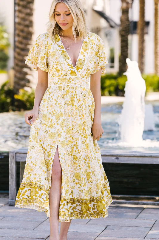 Know The Truth Chartreuse Yellow Floral Maxi Dress Cozy Ruffle Sleeve Maxi Dress