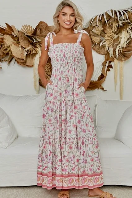 Lorena Shirred Maxi Dress - Pink Stylish Button-Up Maxi Dress