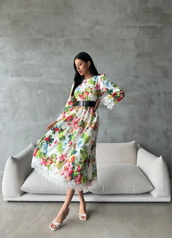 Malala Flower Garden Maxi Dress With Long Sleeves Comfortable Maxi Dress with Slits