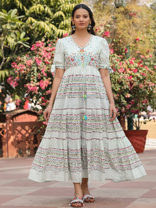 Jashvi Mint Wonderland Pure Cotton Floral Printed Maxi Dress With Beads Tassels Kantha & Contrast 3D Work Fashionable High-Low Maxi Dress