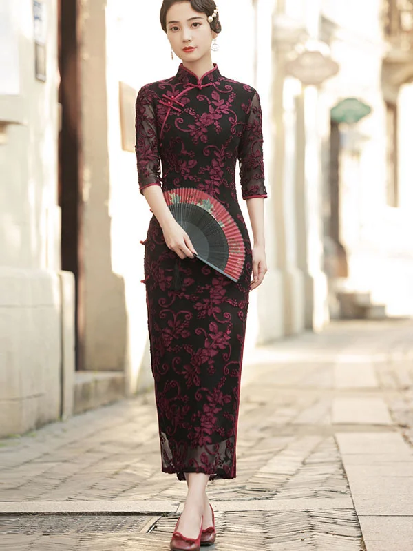 Mother's Red Floral Velvet Qi Pao Cheongsam Maxi Dress Elegant Wraparound Maxi Dress