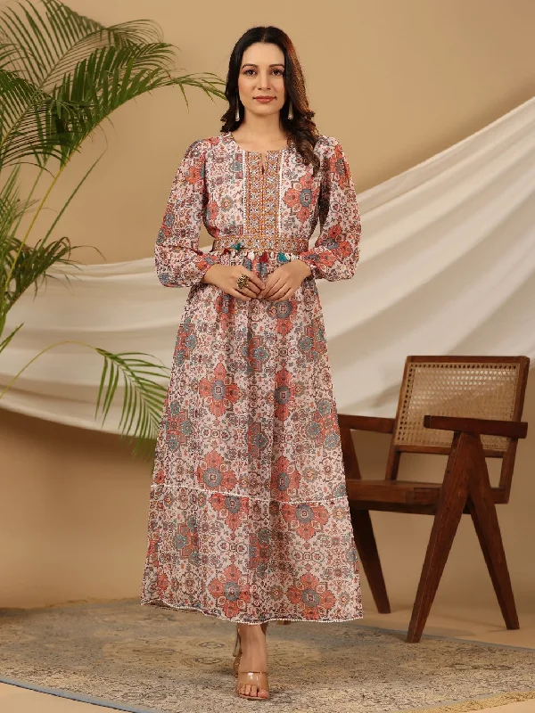 Jashvi Multi-Colour Ethnic Motif Printed Chiffon Maxi Dress With Mirror Work Trendy Maxi Dress with Belt