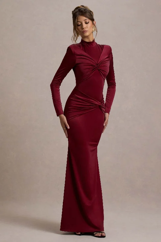 Noya | Berry Long-Sleeve Ruched Fishtail Maxi Dress Elegant Lace Maxi Dress