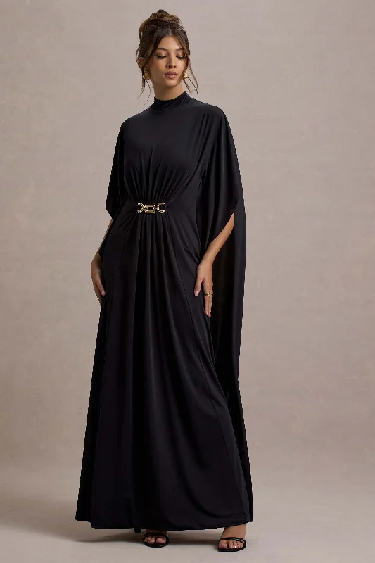 Olessia | Black Belted Gathered Cape-Sleeve Maxi Dress Cozy Ruffle Sleeve Maxi Dress