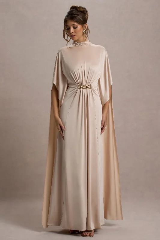 Olessia | Champagne Belted Gathered Cape-Sleeve Maxi Dress Stylish One-Shoulder Maxi Dress