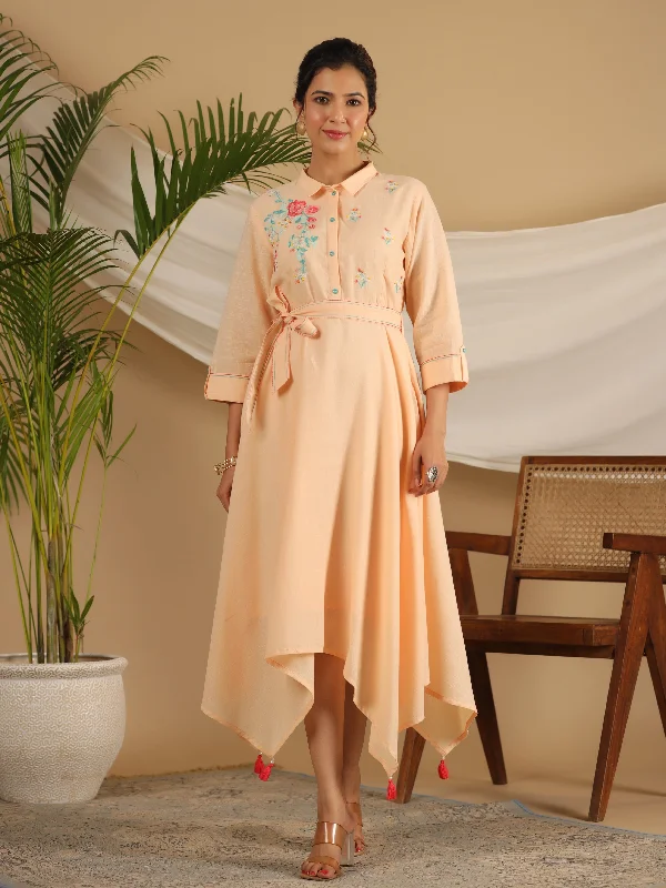 Jashvi Peach Fit & Flare Belted Asymmetrical Maxi Dress With Floral Thread Embroidery Comfortable Plunging Neckline Maxi Dress