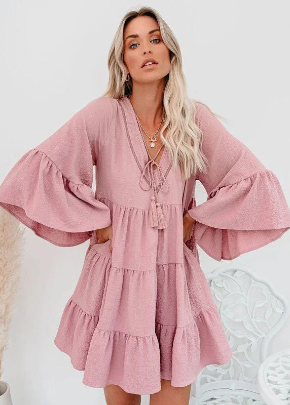 Pink Patchwork Chiffon Maxi Dresses Ruffled V Neck Summer Comfortable Maxi Dress with Sleeves