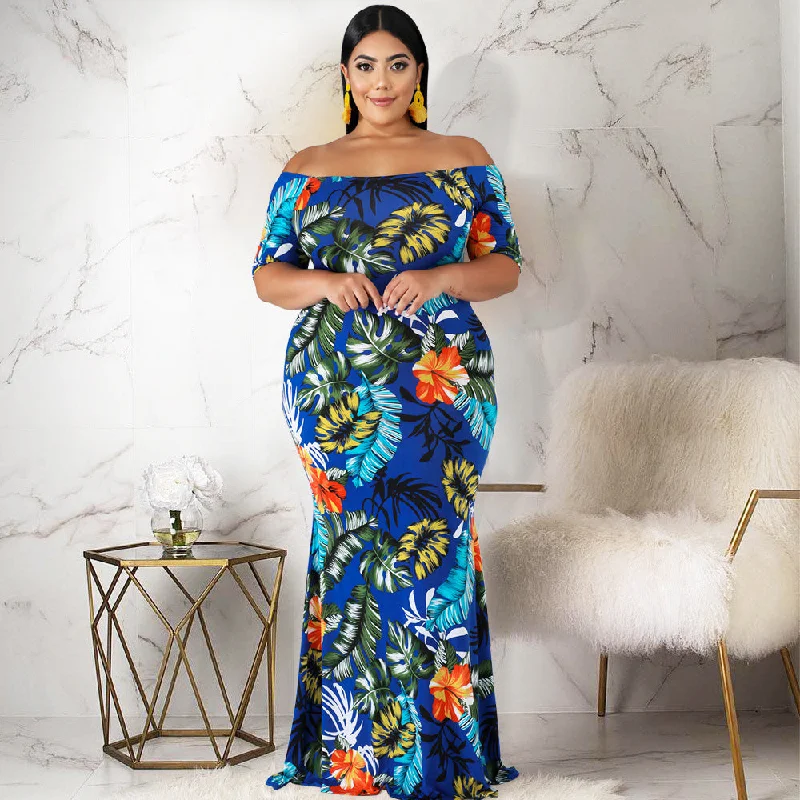 Plus Size Floral Leaf Printed Maxi Dress Hawaii Bandeau One-Shoulder Mopping Dress Stylish Boho Chic Maxi Dress