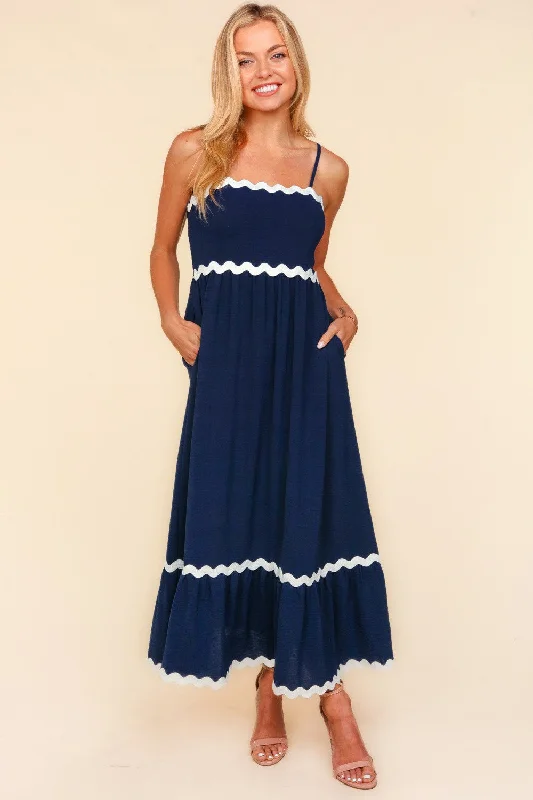 Ric Rac Square Neck Fit and Flare Maxi Dress Classic Solid Maxi Dress