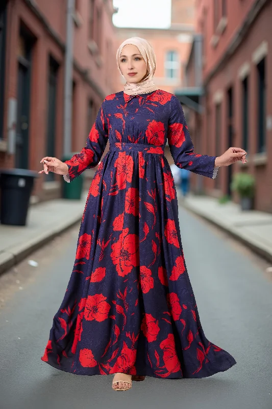 Ghufran Satin Floral Elegance Modesty Maxi Dress with Long Sleeves Fashionable Printed Maxi Dress