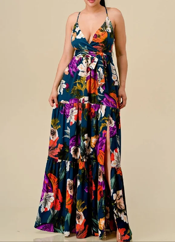 Floral Print Spaghetti Strap Maxi Dress Stylish One-Shoulder Maxi Dress