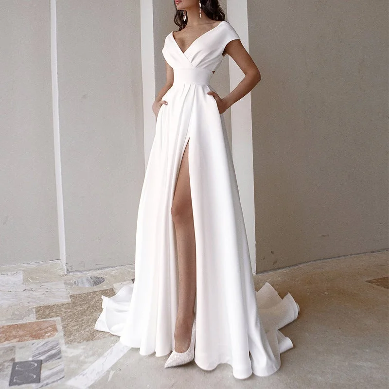 Sexy white v-neck wrap backless split maxi dress | Summer wedding party floor length dress Trendy Floral Print Maxi Dress