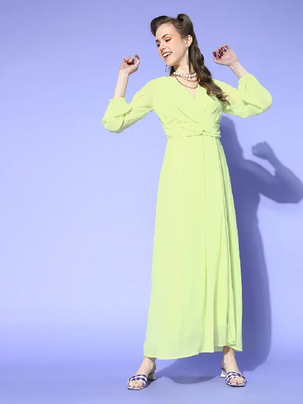 Women Lime Green Wrap Maxi Dress Trendy Off-Shoulder Ruffle Maxi Dress