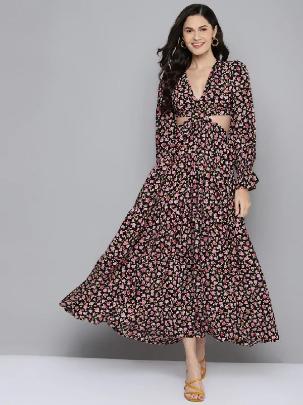 Women Black Ditsy Floral Waist Cut-Out Maxi Dress Comfortable Ruffle Hem Maxi Dress