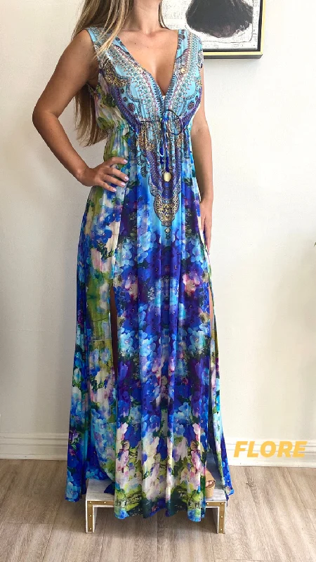 Shahida Parides Silks Plunge Neckline Maxi Dress Stylish One-Shoulder Maxi Dress