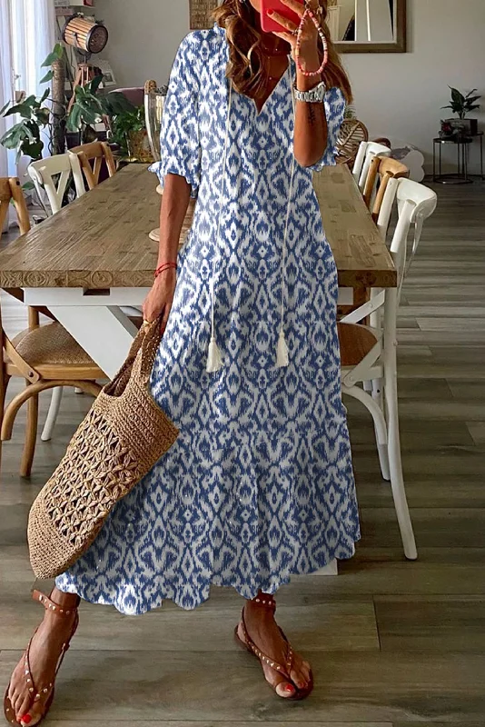 Sky Blue V Geometric Print Maxi Dress Chic Sleeveless Maxi Dress