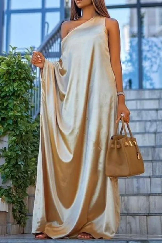 storexq Solid Color Relaxed One Shoulder Maxi Dress Elegant Wraparound Maxi Dress