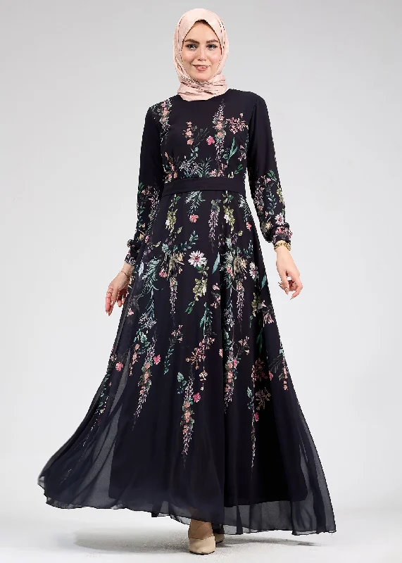 Qamar Sophia Floral Print Chiffon Long Sleeve Maxi Dress Fashionable Maxi Dress with Fringe