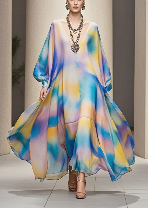 Stylish Rainbow Tie Dye Exra Large Hem Chiffon Maxi Dress Fall Trendy A-Line Maxi Dress