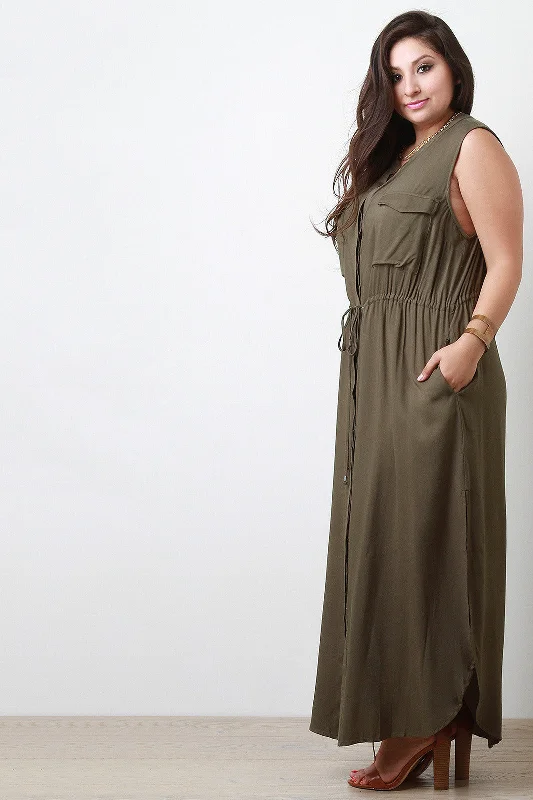 Button-Up Double Pocket Maxi Dress Comfortable Plunging Neckline Maxi Dress