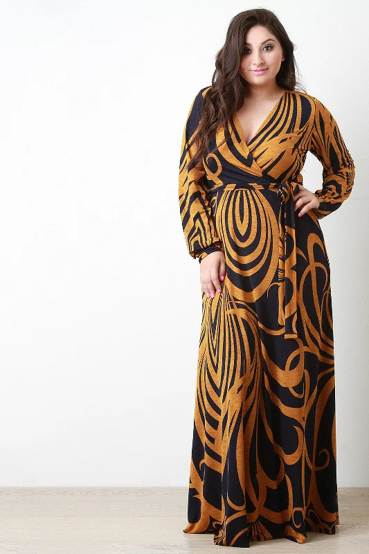 Abstract Curve Lines Surplice Longsleeve Maxi Dress Stylish Maxi Dress with Frills