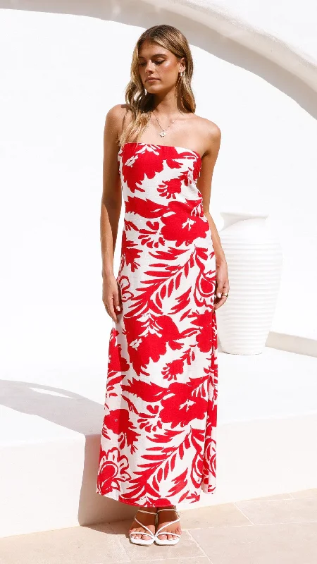 Uzma Strapless Maxi Dress - Red / White Print Comfortable Fitted Maxi Dress