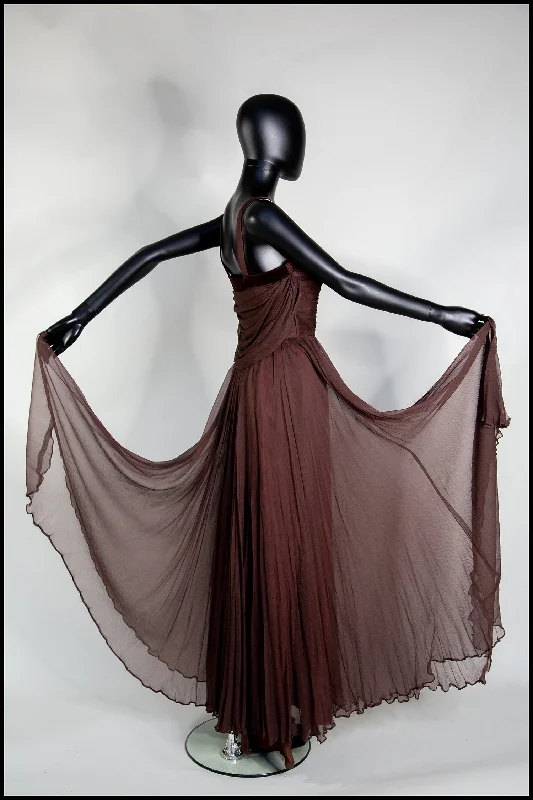 Vintage 1950s Dark Brown Silk Chiffon Maxi Dress Fashionable Open-Back Maxi Dress