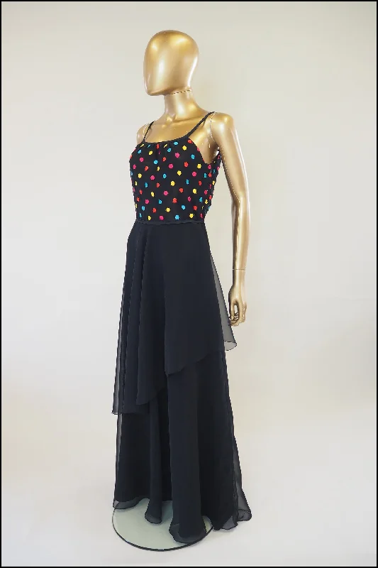 Vintage 1970s Black Dot Chiffon Maxi Dress Classic Tulle Maxi Dress