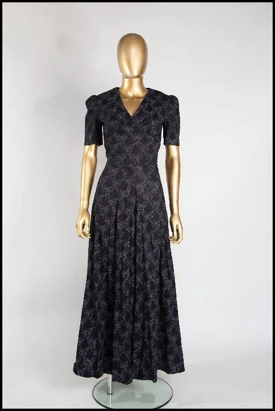 Vintage 1970s Black Floral Cotton Maxi Dress Trendy Ruffled Maxi Dress