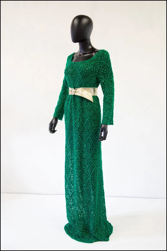 Vintage 1970s Green Metallic Crotchet Maxi Dress Comfortable Satin Maxi Dress