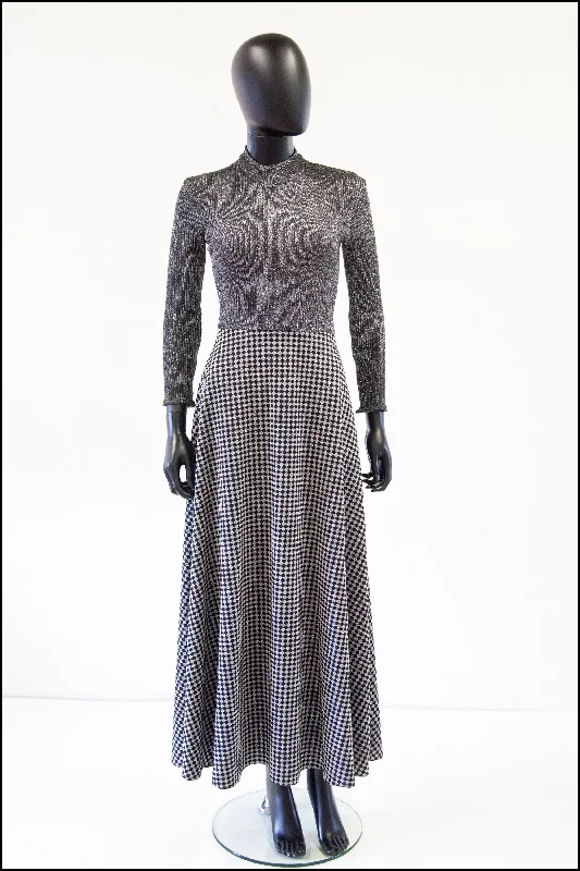 Vintage 1970s Silver Lurex Knit Maxi Dress Trendy Floral Print Maxi Dress