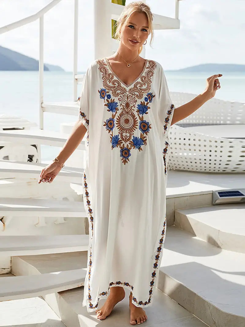 White Floral Summer V Neck Long Maxi Dress Stylish Boho Maxi Dress