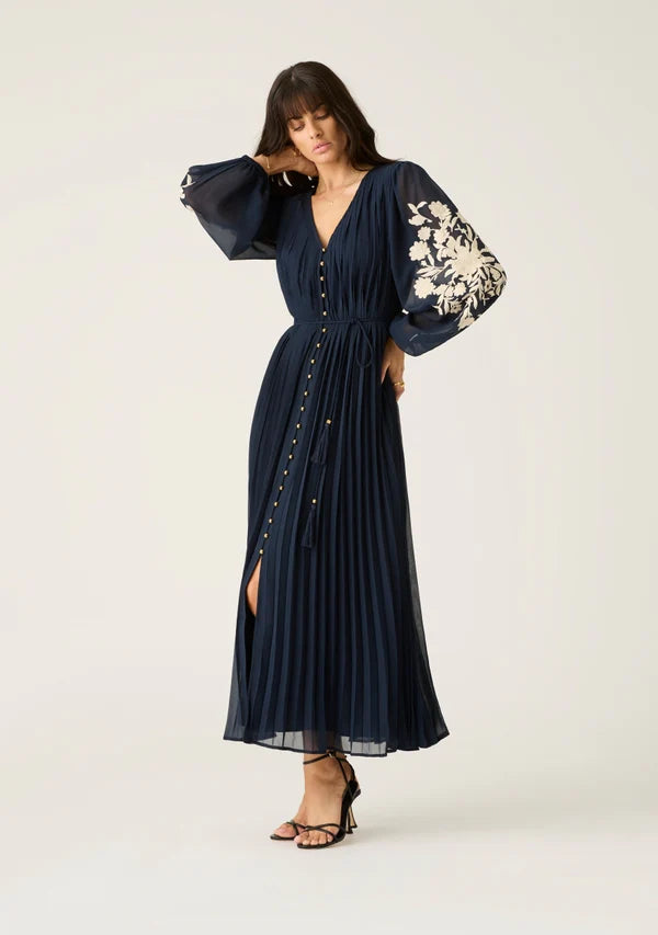 Willow Pleat Maxi Dress - Navy Cozy Spaghetti Strap Maxi Dress