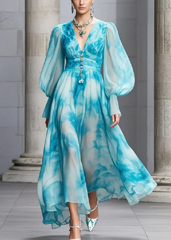 Women Blue V Neck Tie Dye Chiffon Maxi Dresses Fall Fashionable Maxi Dress with Fringe