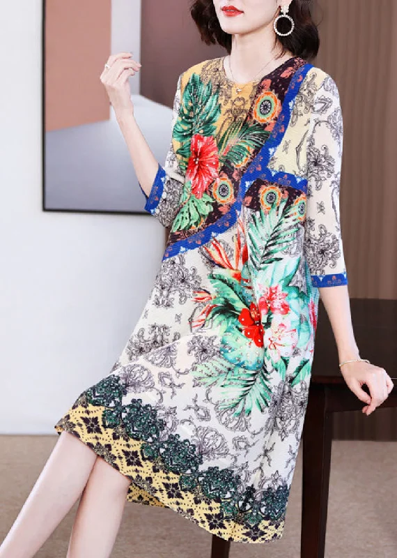 Women White Floral Print Wrinkled Maxi Dresses Bracelet Sleeve Comfortable Maxi Dress with Sleeves