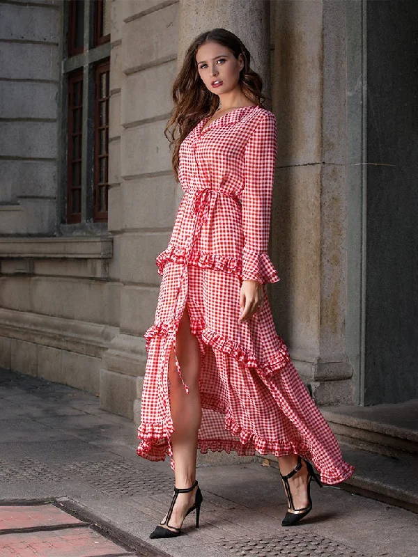 Women's Boho Dress Red Plaid Splid Ruffles Peplum Maxi Dress Cake Dress Elegant Floral Maxi Dress