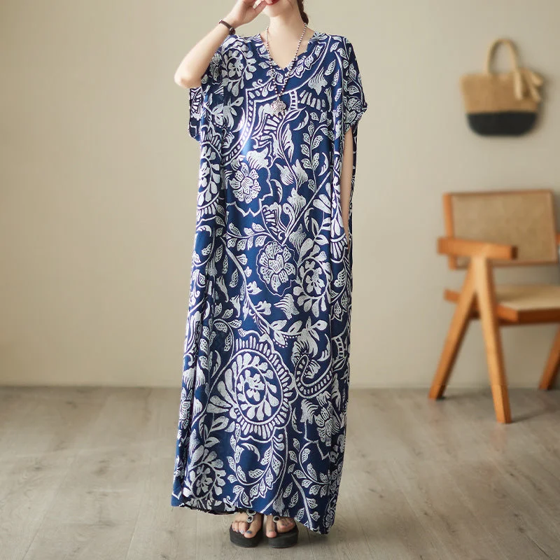 Women's V-neck Printed Cotton Maxi Dress Vacation Style Bohemian Dress Stylish Boho Maxi Dress