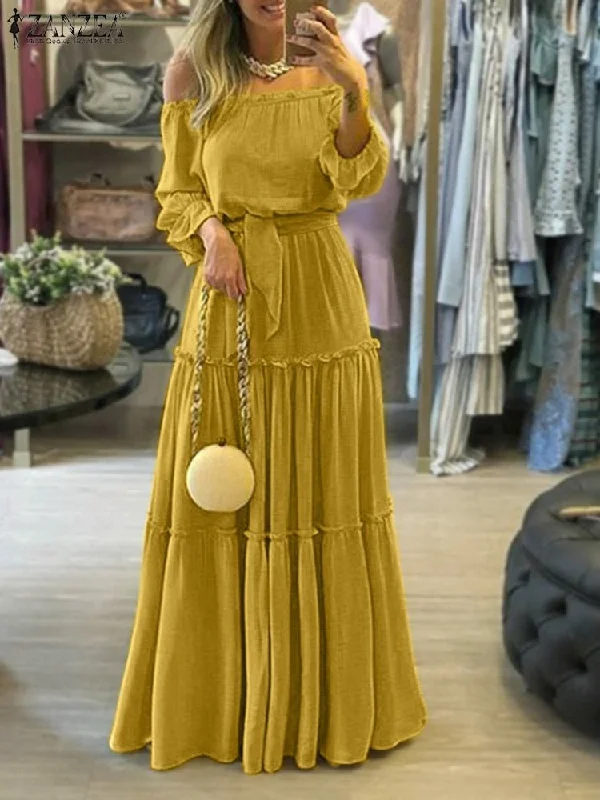 ZANZEA Off Shoulder Ruffle Belted Long Maxi Dress Fashionable Faux Wrap Maxi Dress