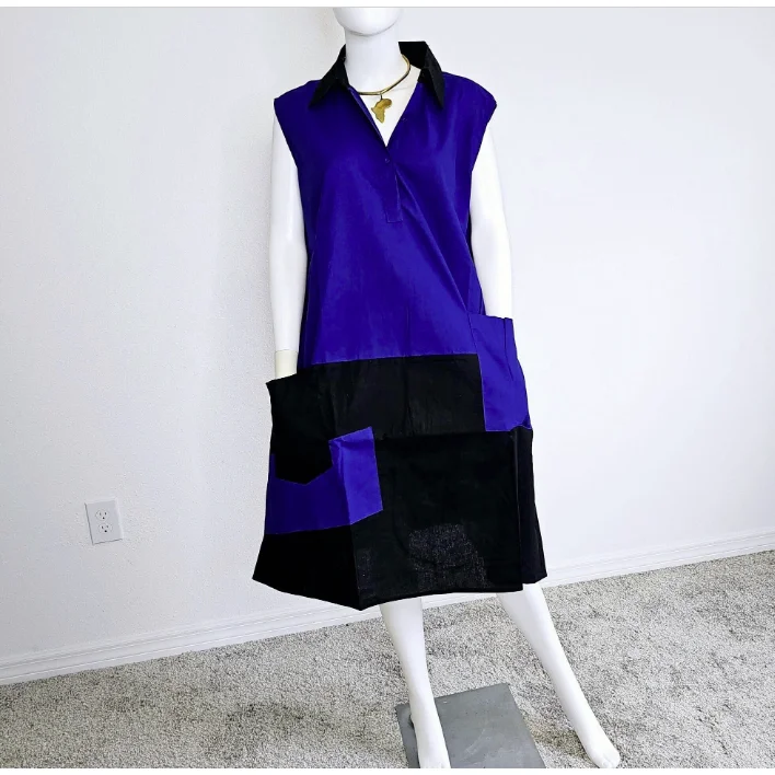 African Ankara Style Print Cotton Women Mid Length Dress Sundress