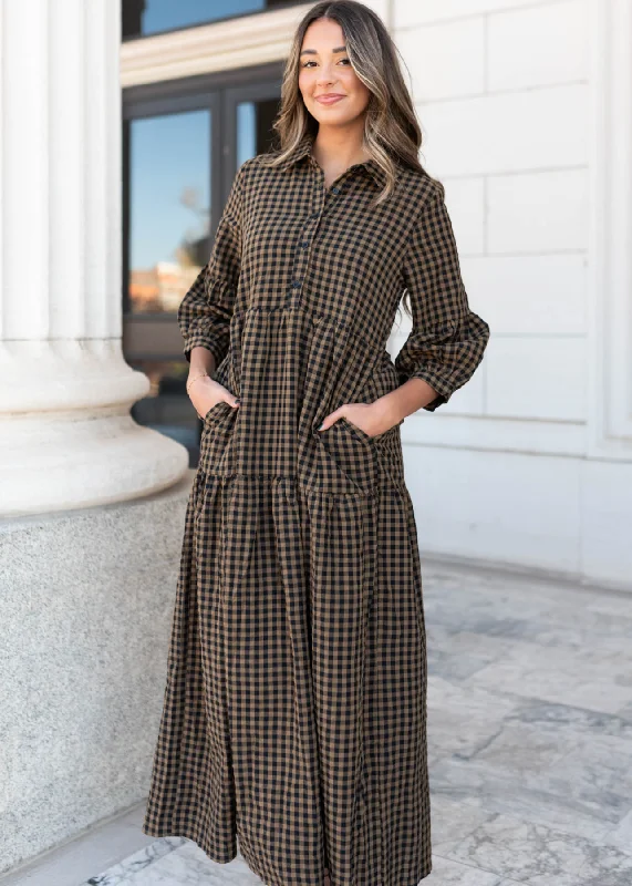 Ashlin Brown Gingham Tiered Dress