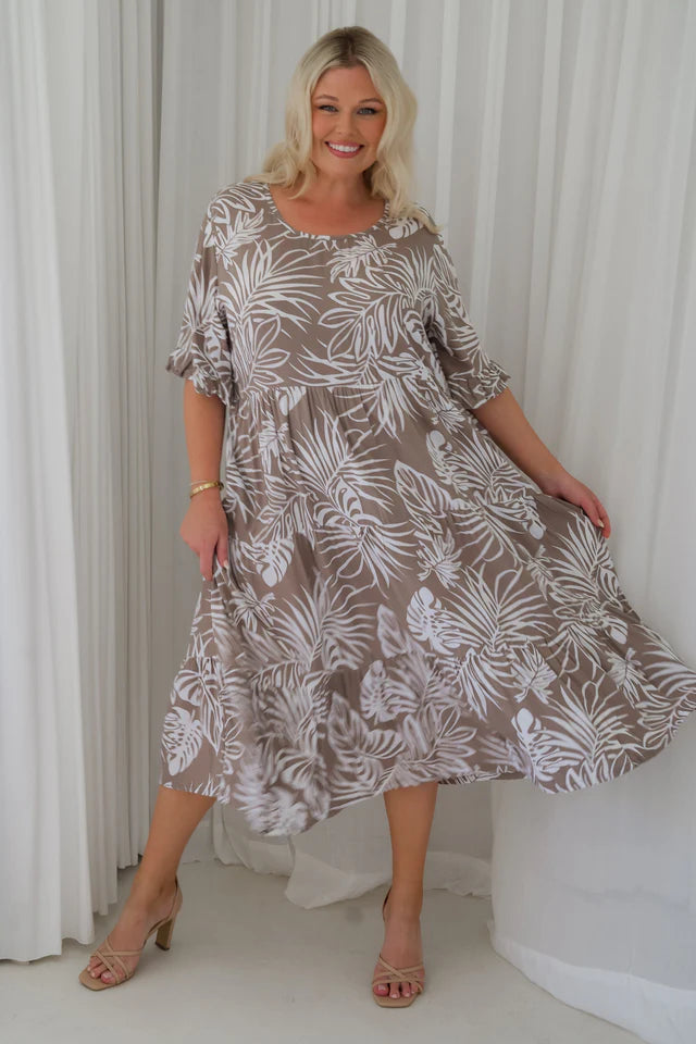 Bodacious Paradise Dress Mocha Palm Mocha Leaf S
