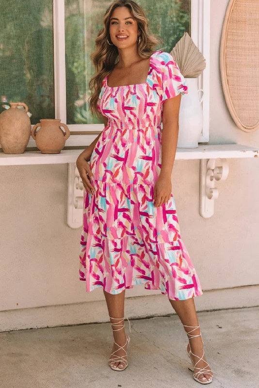 KaleaBoutique Brush Stroke Printed Smocked Ruffle Tiered Dress