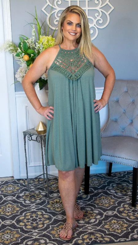 Blissful Belle Crochet Lace Detail Halter Dress - Sage