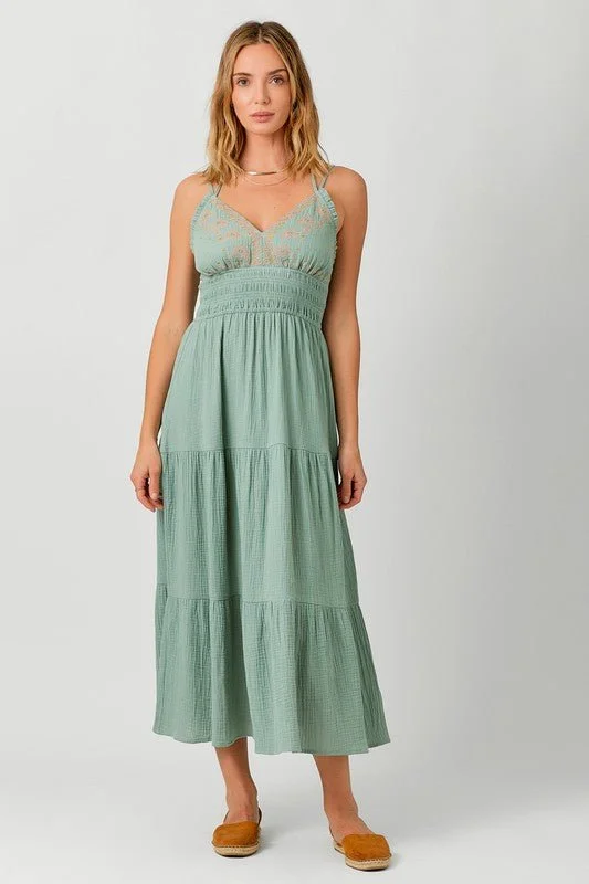 Dusty Teal Embroidered Halter Dress