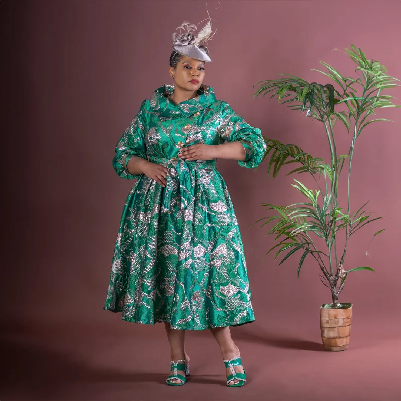 Emerald Green & Nude Jacquard Fit and Flare Dress