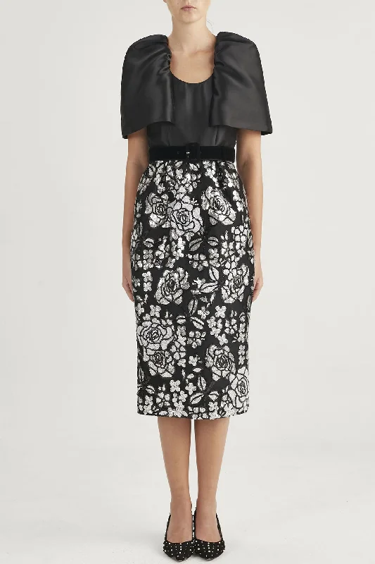 Gathered cape sleeves brocade dress