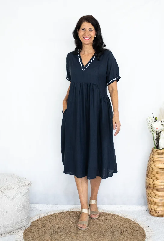 Jolie Saule Linen Embroidered Trim Peasant Dress Navy 8