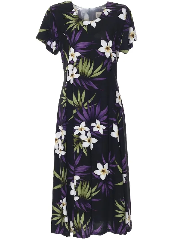 Knee Length Muumuu Dress with Sleeves Plumeria Rain