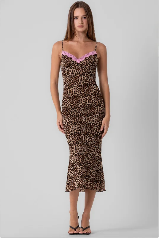 Magnetism Leopard Mesh Slip Dress With Lace Trim
